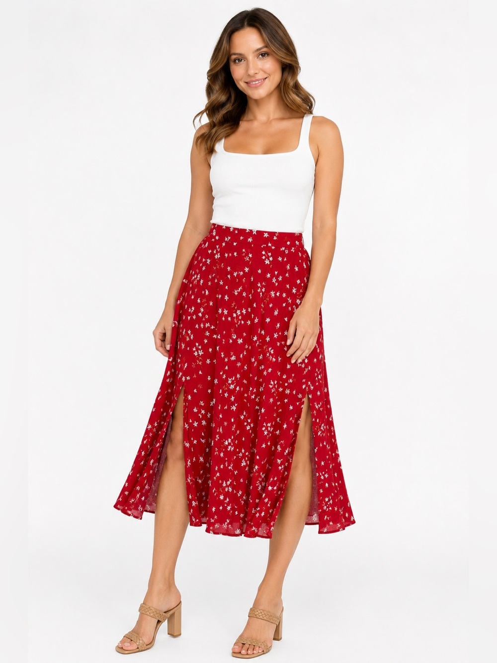 Velvet Graham Spencer Red Floral Skirt XS Double Front Slit Boho Cottagecore